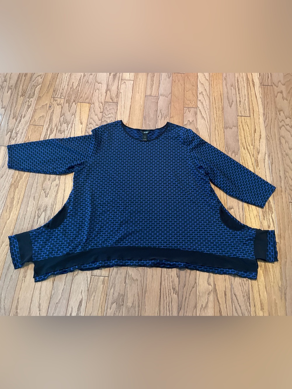 Ali Miles Blue & Black Honeycomb Textured Lagenlook Tunic Top 3/4 Sleeve